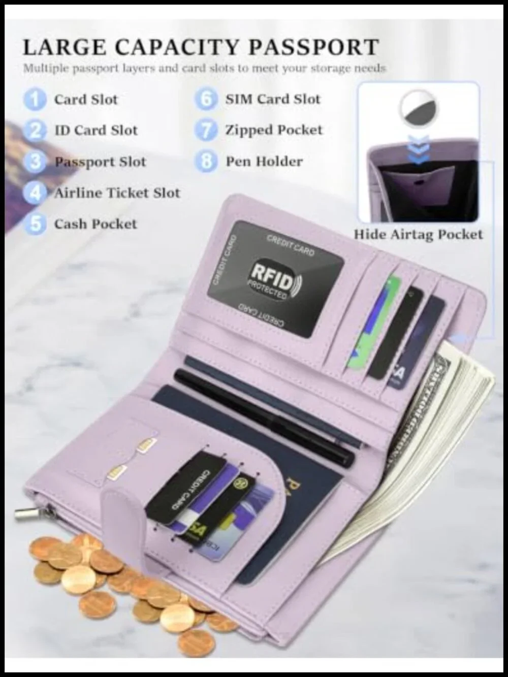 Large Capacity RFID Passport Holder Wallet PU Leather with Airtag Slot Travel